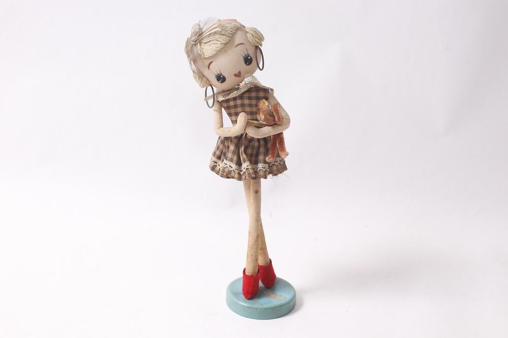 Flawed 1960s Japanese Pose Doll holding a Bear 9.5 Inch ~ 260722-WH 1324